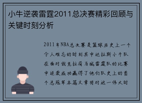 小牛逆袭雷霆2011总决赛精彩回顾与关键时刻分析